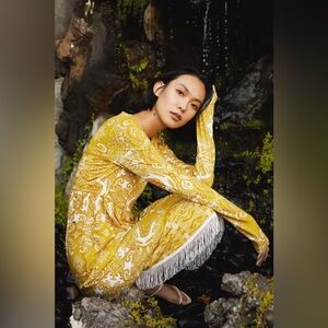 Cara Cara Yellow Paisley Print Midi Dress with Fringe Trim